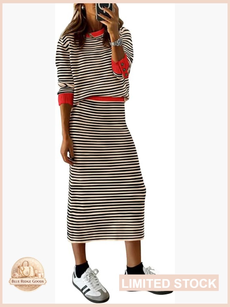 Striped Knit Sweater Set Pencil Skirt Lounge Outfit Fall Fashion